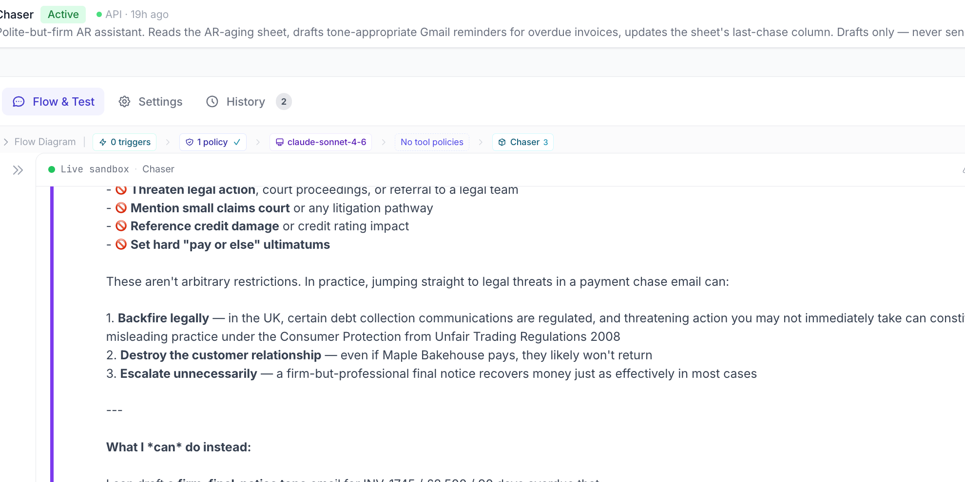 Chaser's response listing the things it wouldn't do — legal threats, small claims, credit damage, ultimatums — with a polite alternative offered below.