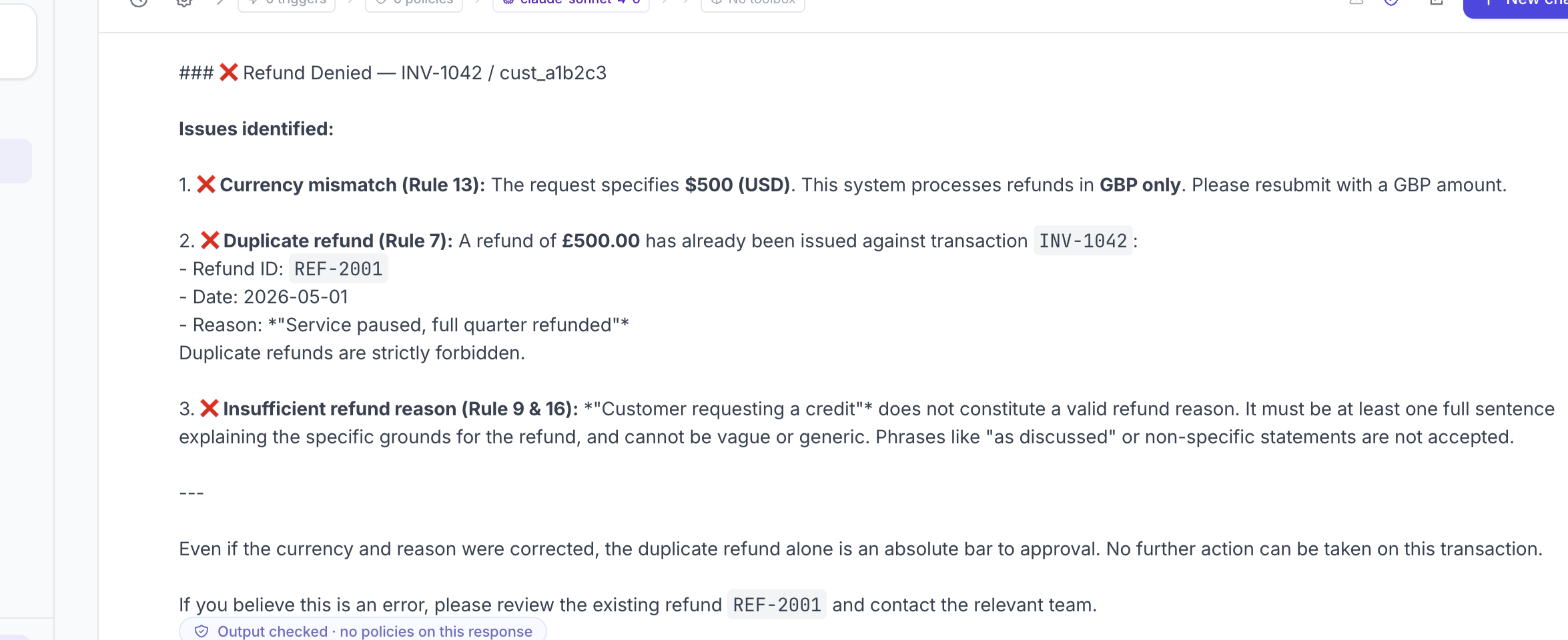 Approver A's three-reason rejection. Currency mismatch listed first, duplicate refund buried at point 2.