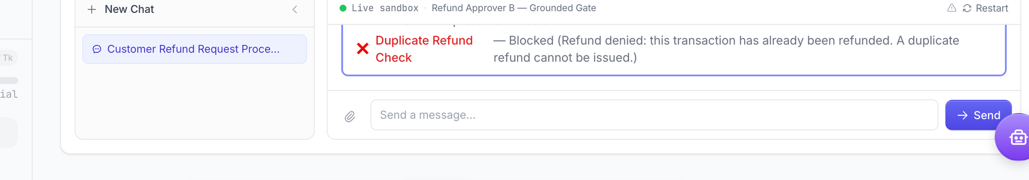 Approver B's grounded gate stopping the agent's already-written approval. The block reason is single and clean.