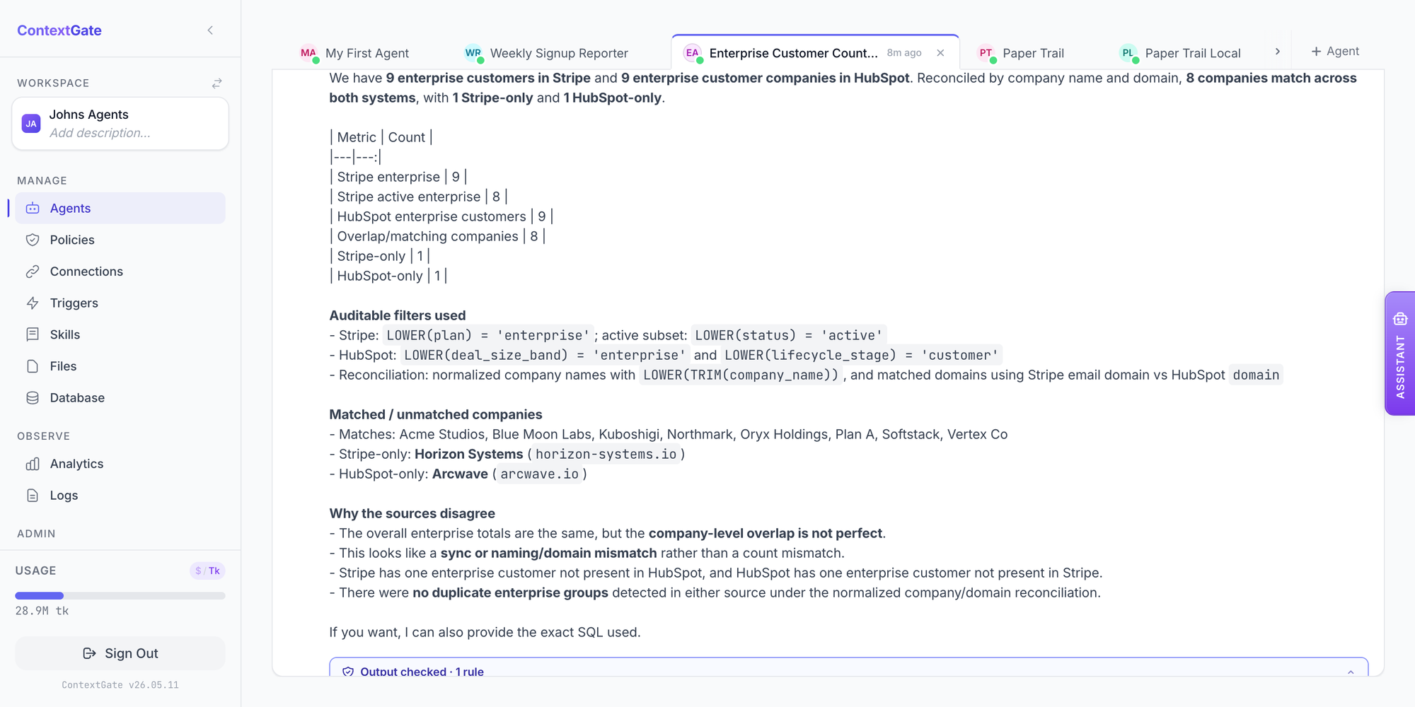 The agent's reply: 'We have 9 enterprise customers in Stripe and 9 enterprise customer companies in HubSpot. Reconciled by company name and domain, 8 companies match across both systems, with 1 Stripe-only and 1 HubSpot-only.' Followed by a metric table breaking down Stripe enterprise (9), Stripe active enterprise (8), HubSpot enterprise customers (9), Overlap (8), Stripe-only (1), HubSpot-only (1). Below it: the auditable SQL filters used and the matched / unmatched company list.