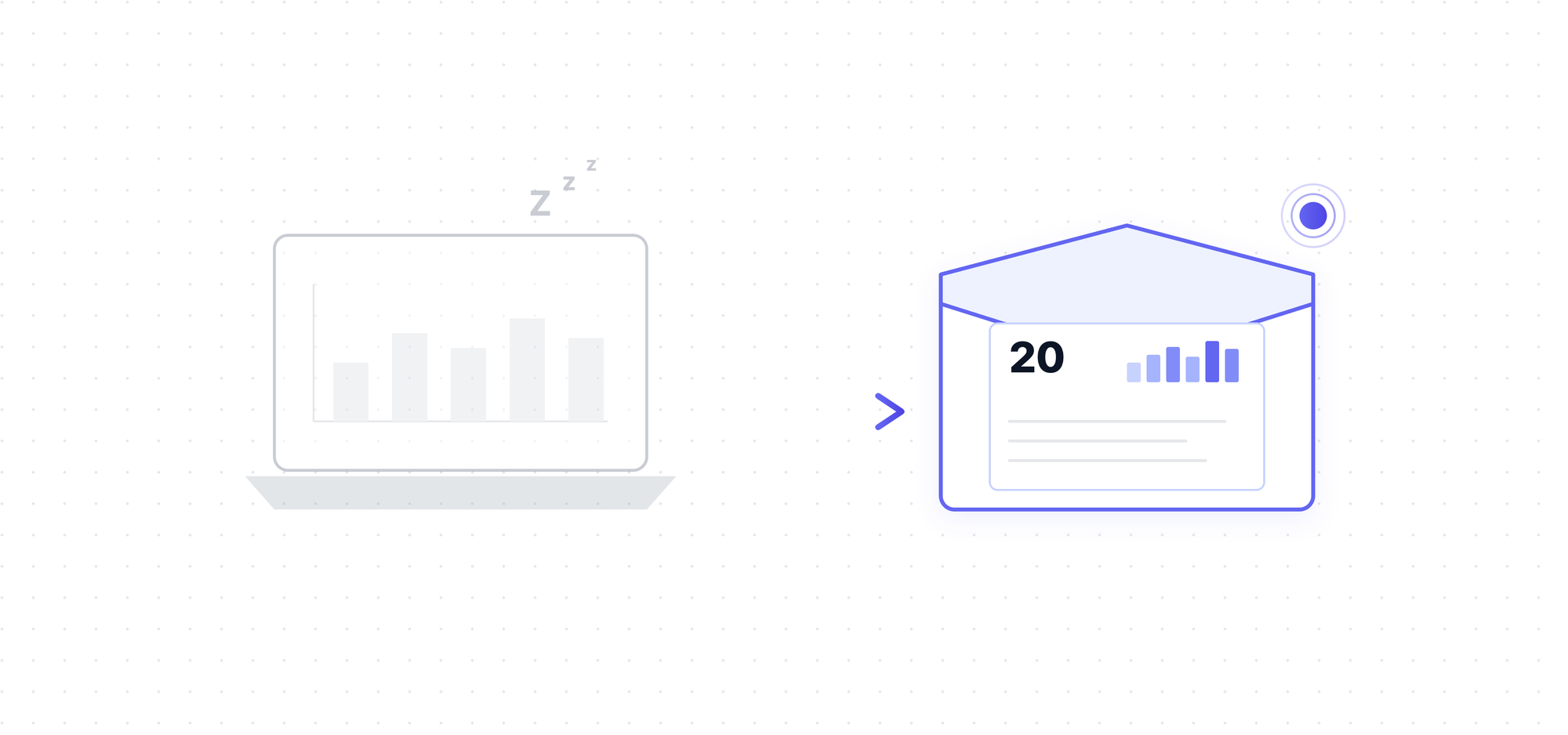 Left: faded laptop showing a greyed-out bar chart. Right: bright open envelope with an indigo bar chart inside. Indigo dotted arrow between them.